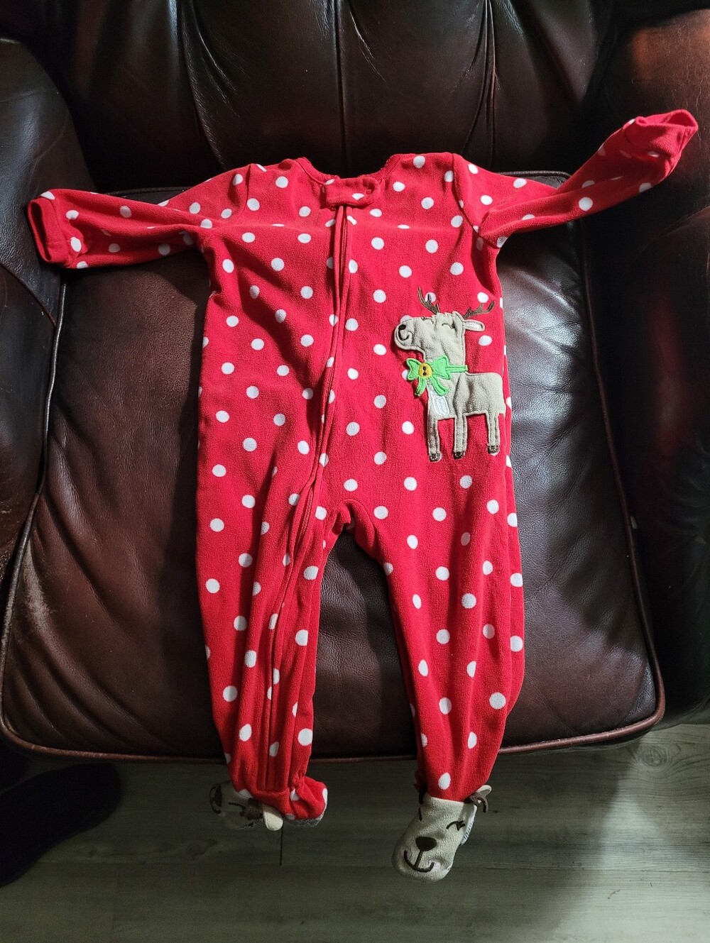 Carter's Red Polka Dot Baby One-Piece with Reindeer Applique Sz 18M